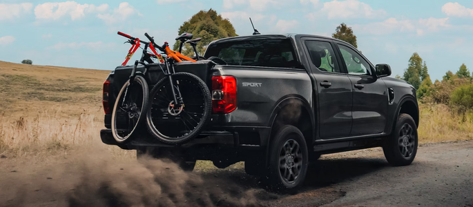 2026 Ford Ranger rear three-quarter with bikes