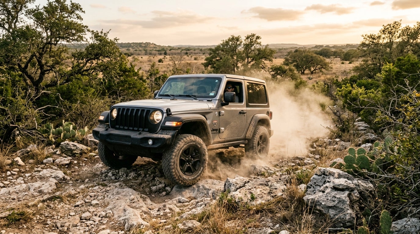 A grey Jeep Wrangler driving over a rocky off-road trail, kicking up dust at sunset. (Representative image for illustration purposes only. Actual vehicle may vary based on trim and configuration.)