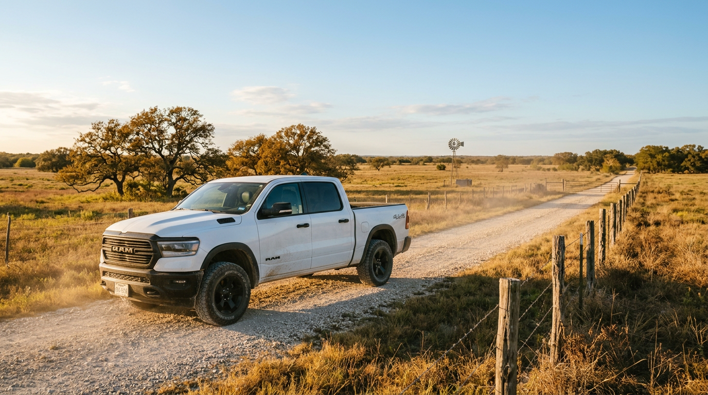 A white RAM pickup truck driving down a dusty gravel road through a rural pasture at golden hour. (Representative image for illustration purposes only. Actual vehicle may vary based on trim and configuration.)