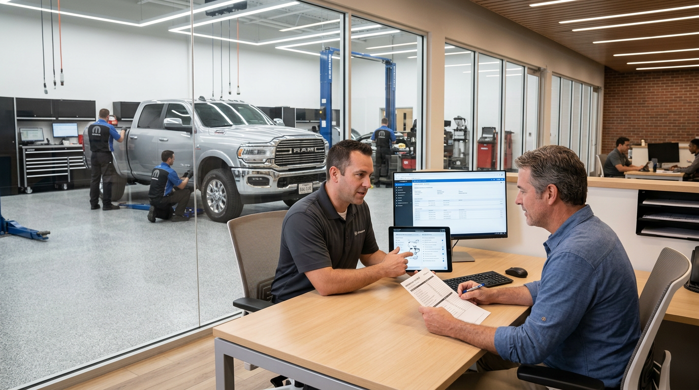 A service advisor uses a tablet to explain vehicle repairs to a customer at a desk next to a service bay. (Representative image for illustration purposes only. Actual vehicle may vary based on trim and configuration.)