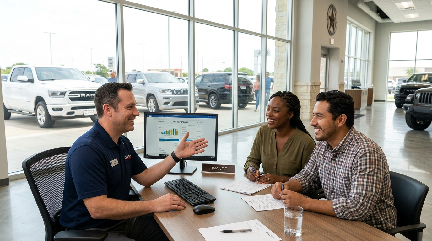 A car dealership finance manager explains payment options on a computer screen to a smiling couple. (Representative image for illustration purposes only. Actual vehicle may vary based on trim and configuration.)