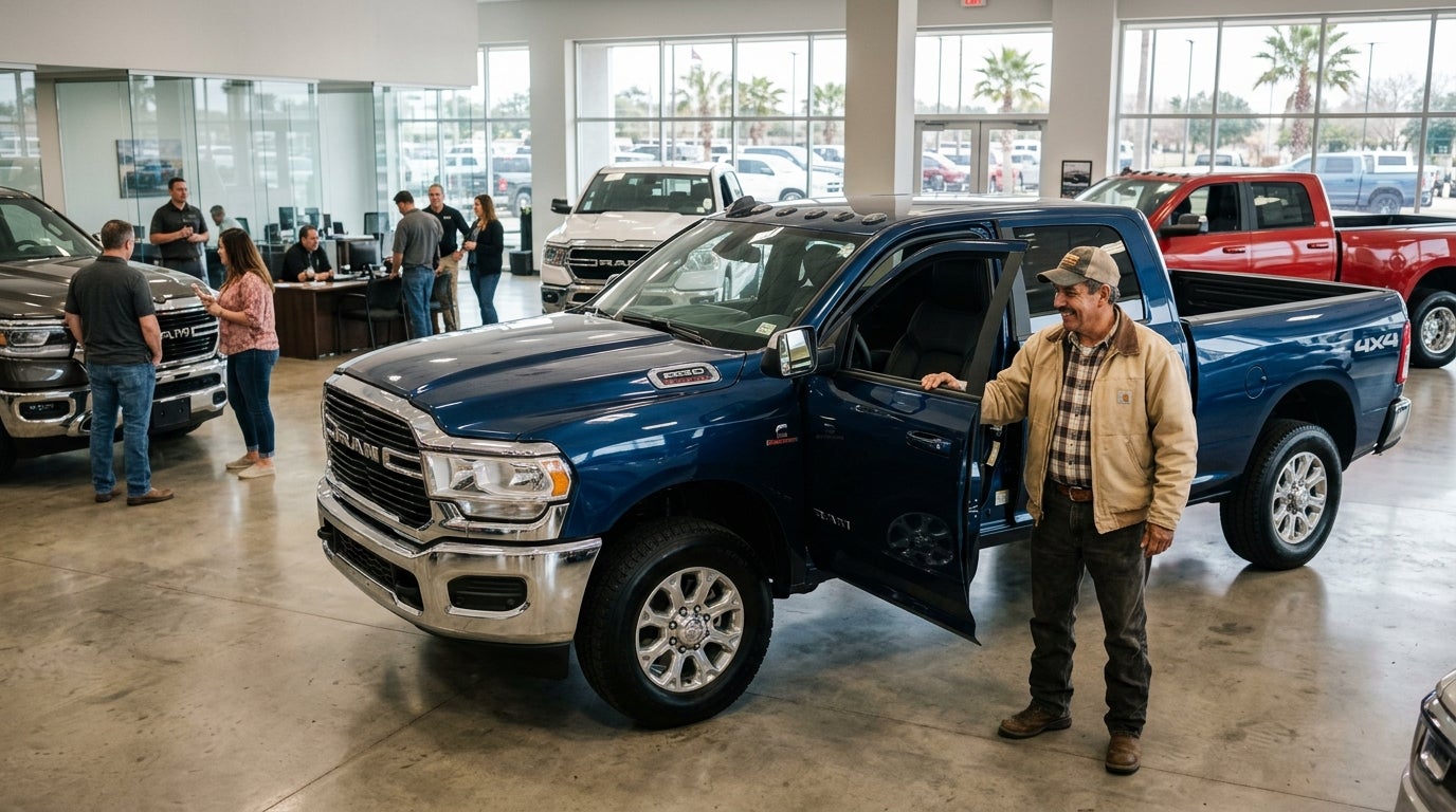 A man in a beige jacket and baseball cap smiles beside a blue Ram 2500 pickup truck inside a car dealership showroom. (Representative image for illustration purposes only. Actual vehicle may vary based on trim and configuration.)