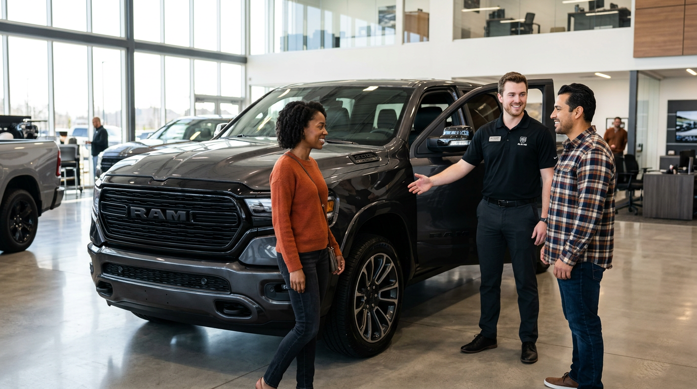 A car salesperson shows a dark grey RAM pickup truck to a couple inside a bright, modern dealership showroom. (Representative image for illustration purposes only. Actual vehicle may vary based on trim and configuration.)