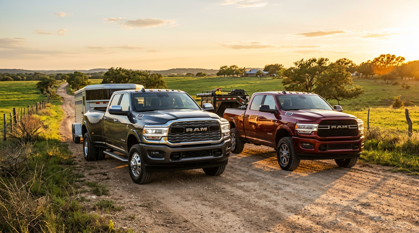 Two RAM heavy-duty trucks parked on a dirt path in a rural field at sunset, towing trailers. (Representative image for illustration purposes only. Actual vehicle may vary based on trim and configuration.)