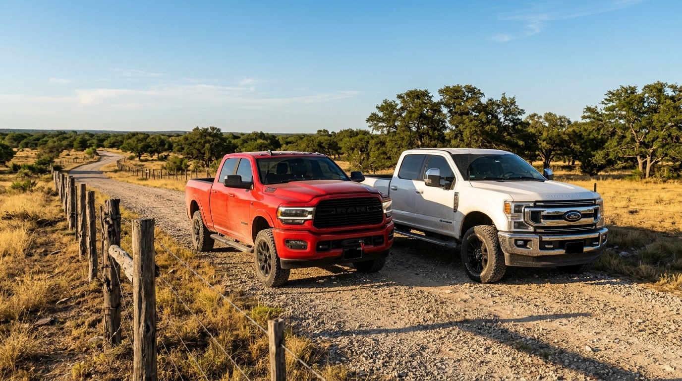 Red Ram and white Ford Super Duty pickup trucks parked side-by-side on a gravel ranch road next to a wooden fence. (Representative image for illustration purposes only. Actual vehicle may vary based on trim and configuration.)