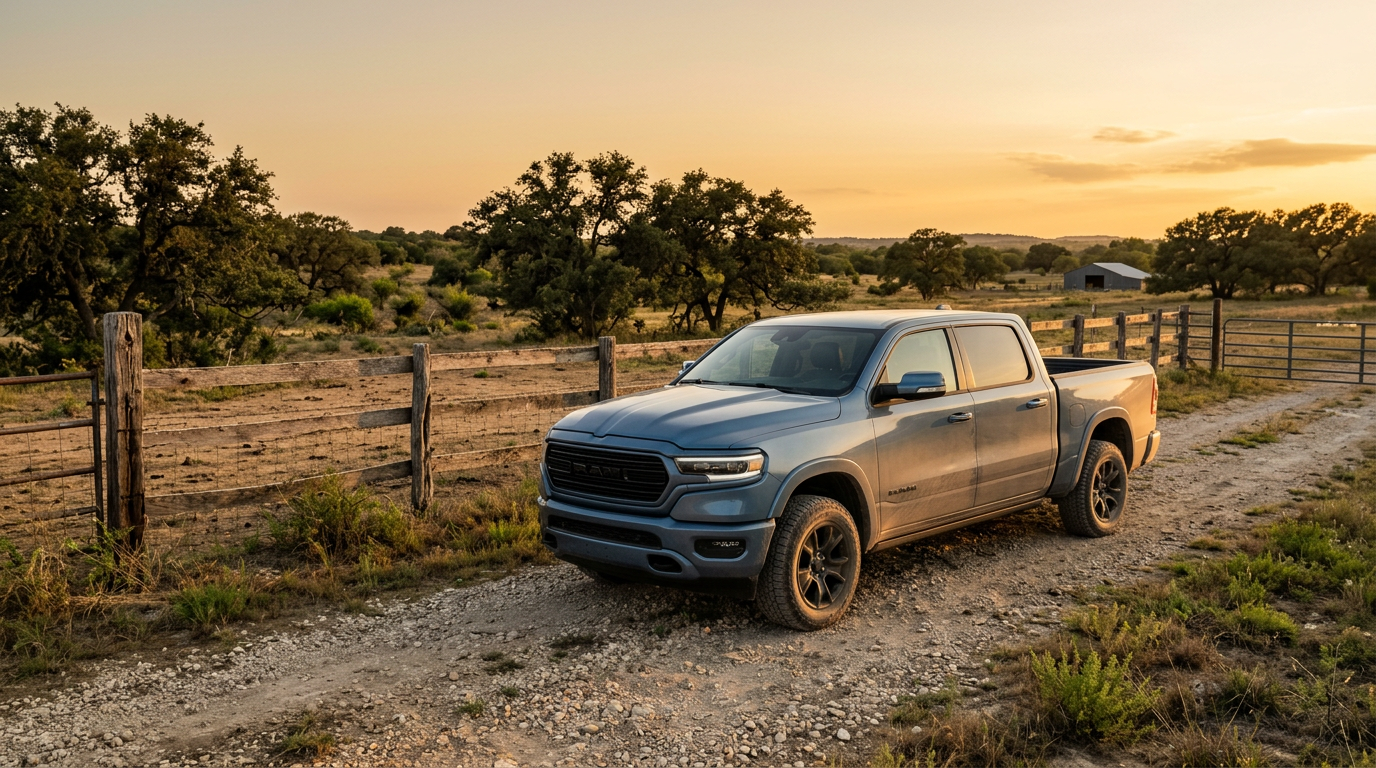 A blue-grey Ram pickup truck parked on a gravel path next to a wooden fence at sunset in a rural landscape. (Representative image for illustration purposes only. Actual vehicle may vary based on trim and configuration.)