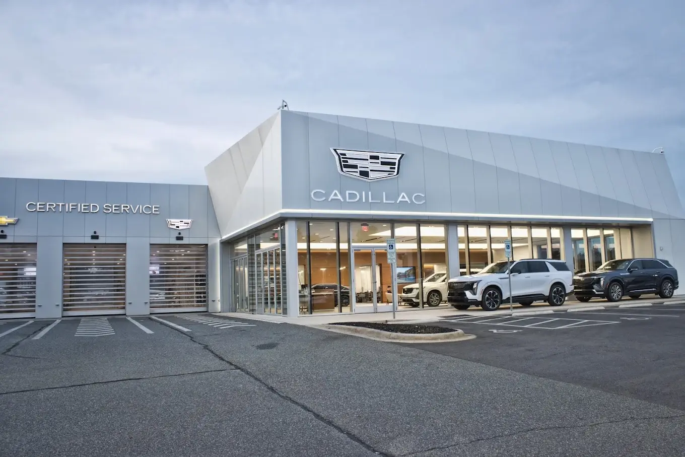Randy Marion Cadillac dealership exterior in Mooresville, with Cadillac signage and Certified Service bays.