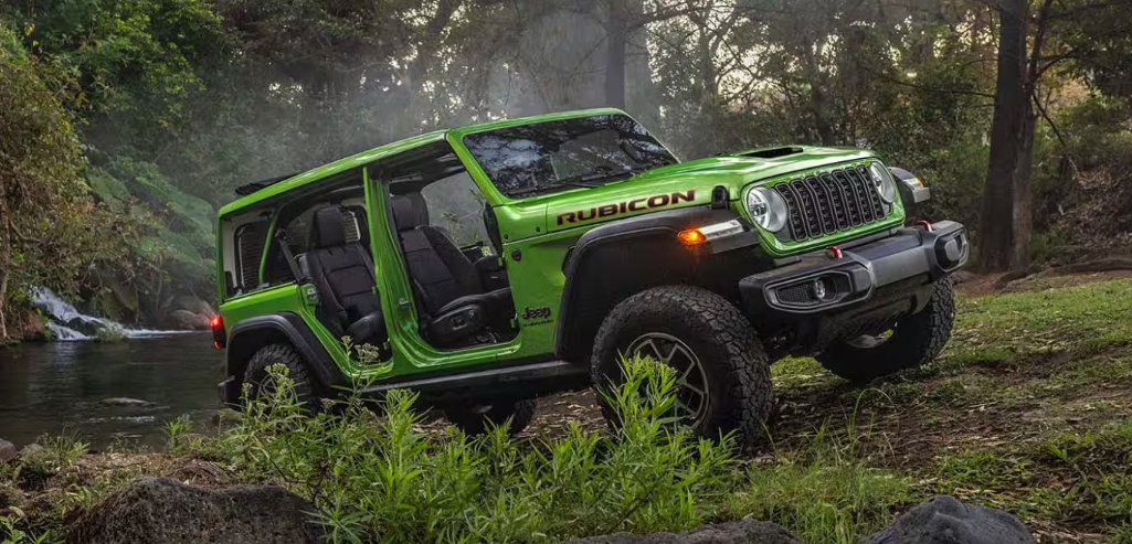 Off-road green Jeep Rubicon car without doors