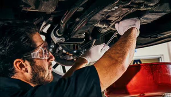 CDJR technician performing undercarriage vehicle maintenance during service
