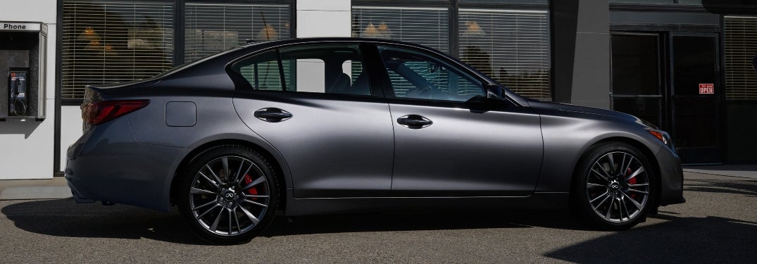 Dark Gray 2024 INFINITI Q50 Side Profile Parked on Street