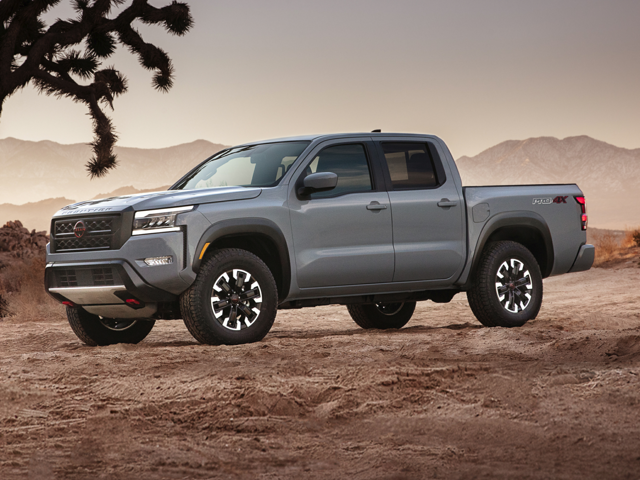 A grey 2024 Nissan Frontier parked in a desert near Redwood City, CA