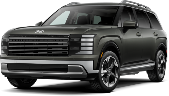 A dark green Hyundai Palisade SUV drives on a dusty dirt road, kicking up dust. The striking headlights are illuminated.
