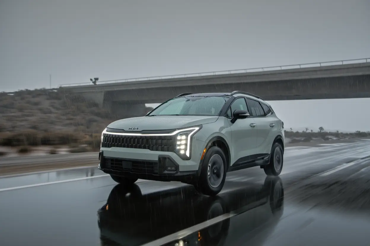 Un moderno SUV circula por una carretera mojada bajo un cielo gris, luciendo su elegante diseño y sus faros mientras la lluvia cae a su alrededor.