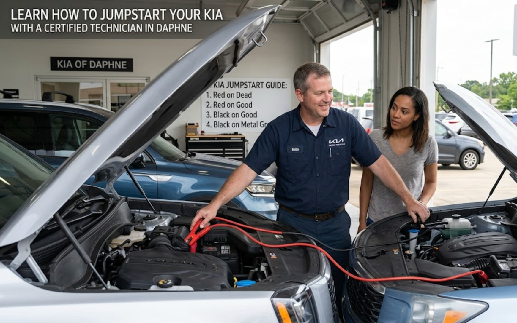 Kia service technician explaining how to jumpstart a Kia safely