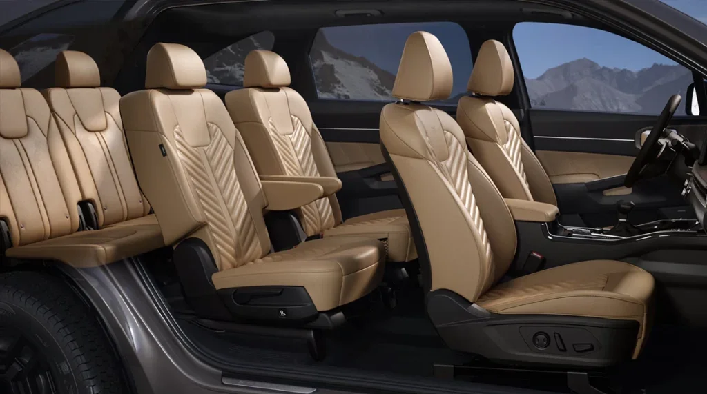 2026 Kia Sorento interior seating layout with three rows and tan seats