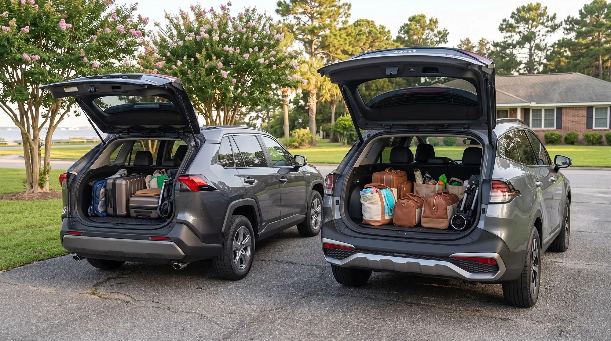 Cargo space comparison of the Kia Sportage Hybrid and Toyota RAV4 Hybrid with luggage and family gear