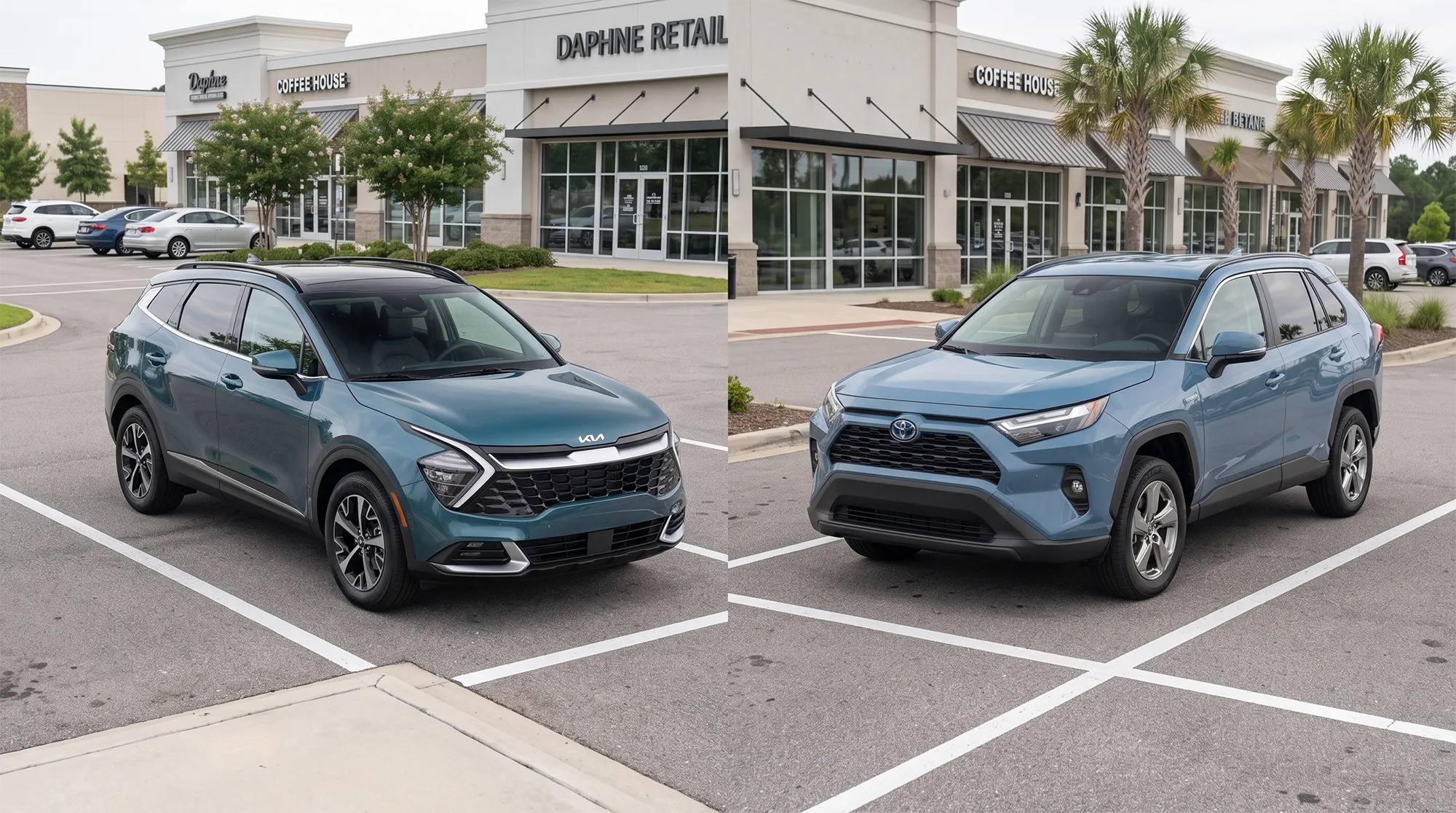 Kia Sportage Hybrid and Toyota RAV4 Hybrid comparison outside a local shopping area