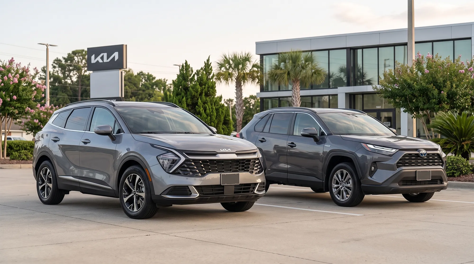 2025 Kia Sportage Hybrid and Toyota RAV4 Hybrid parked side by side outside Kia of Daphne dealership.