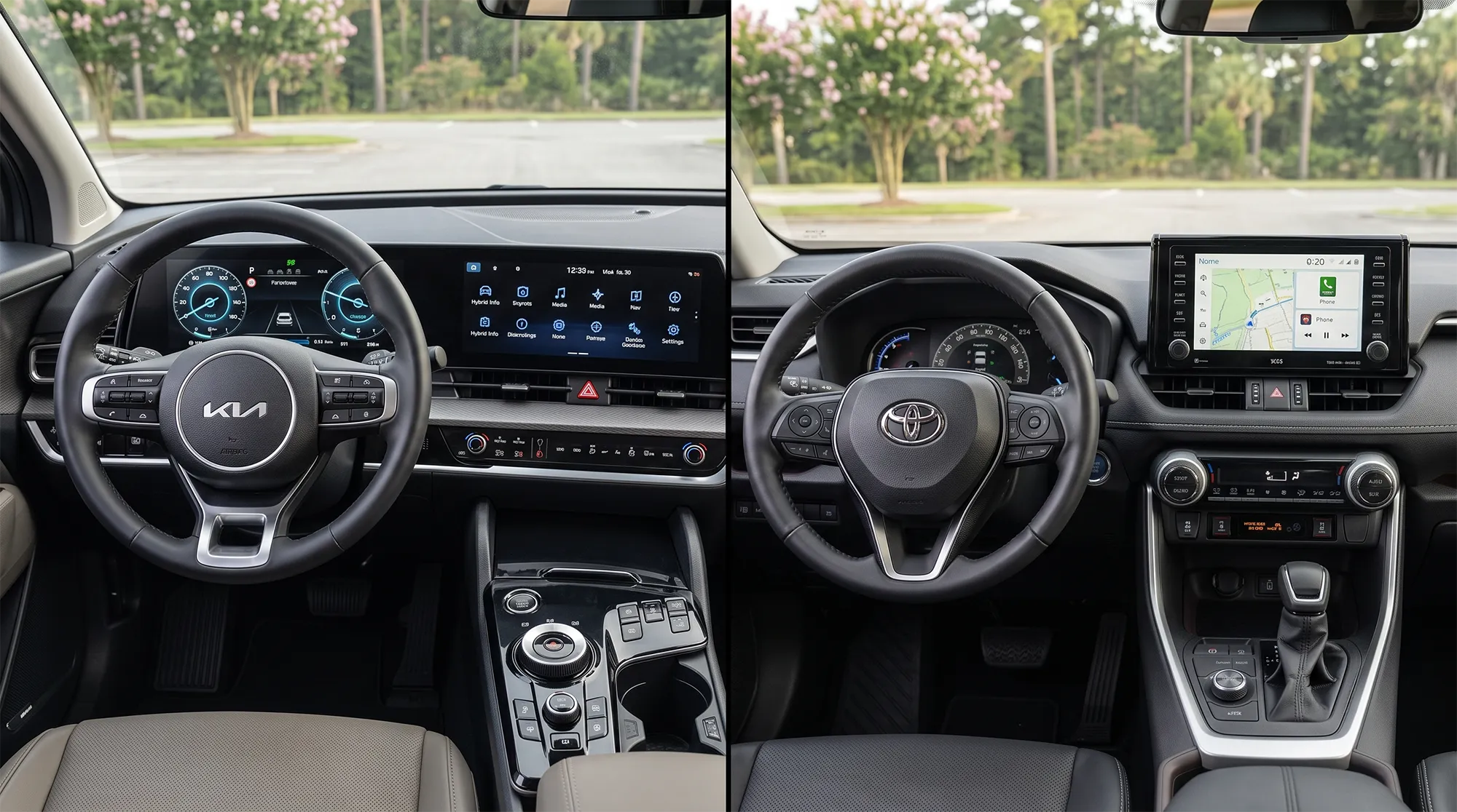 Kia Sportage Hybrid and Toyota RAV4 Hybrid driving near Daphne and Mobile Alabama
