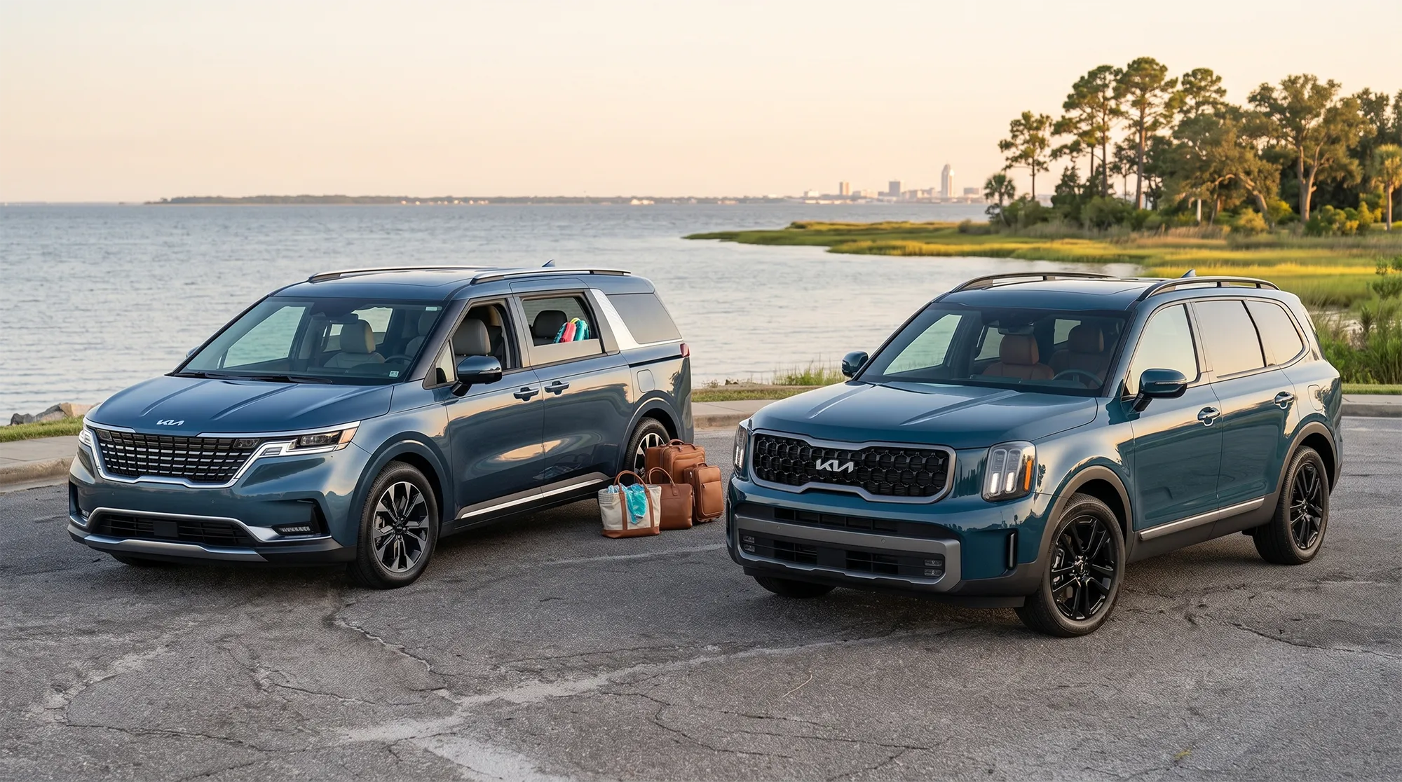 Kia Carnival and Kia Telluride parked near the water in Daphne, Alabama