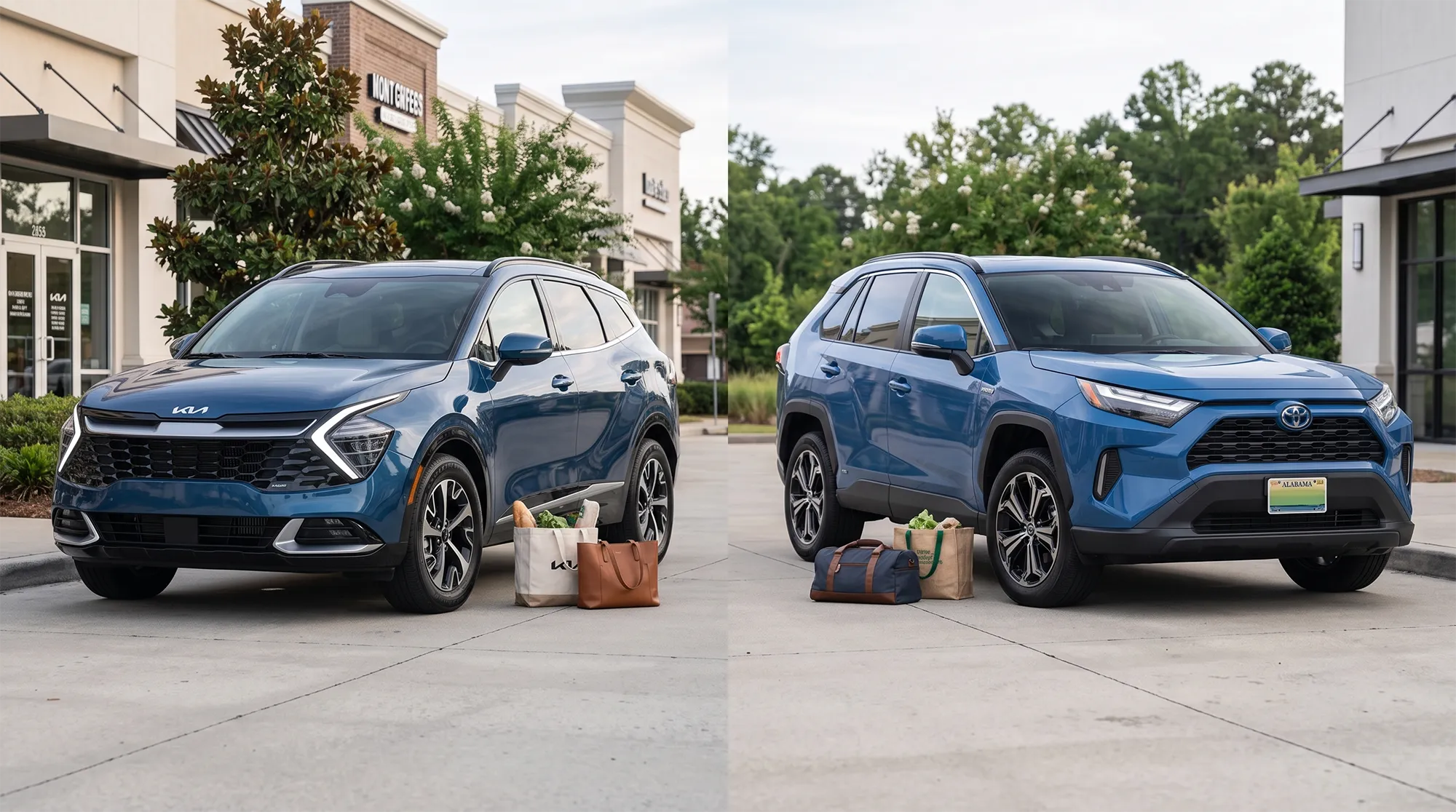 2025 Kia Sportage Hybrid and Toyota RAV4 Hybrid parked side by side near Daphne shopping center
