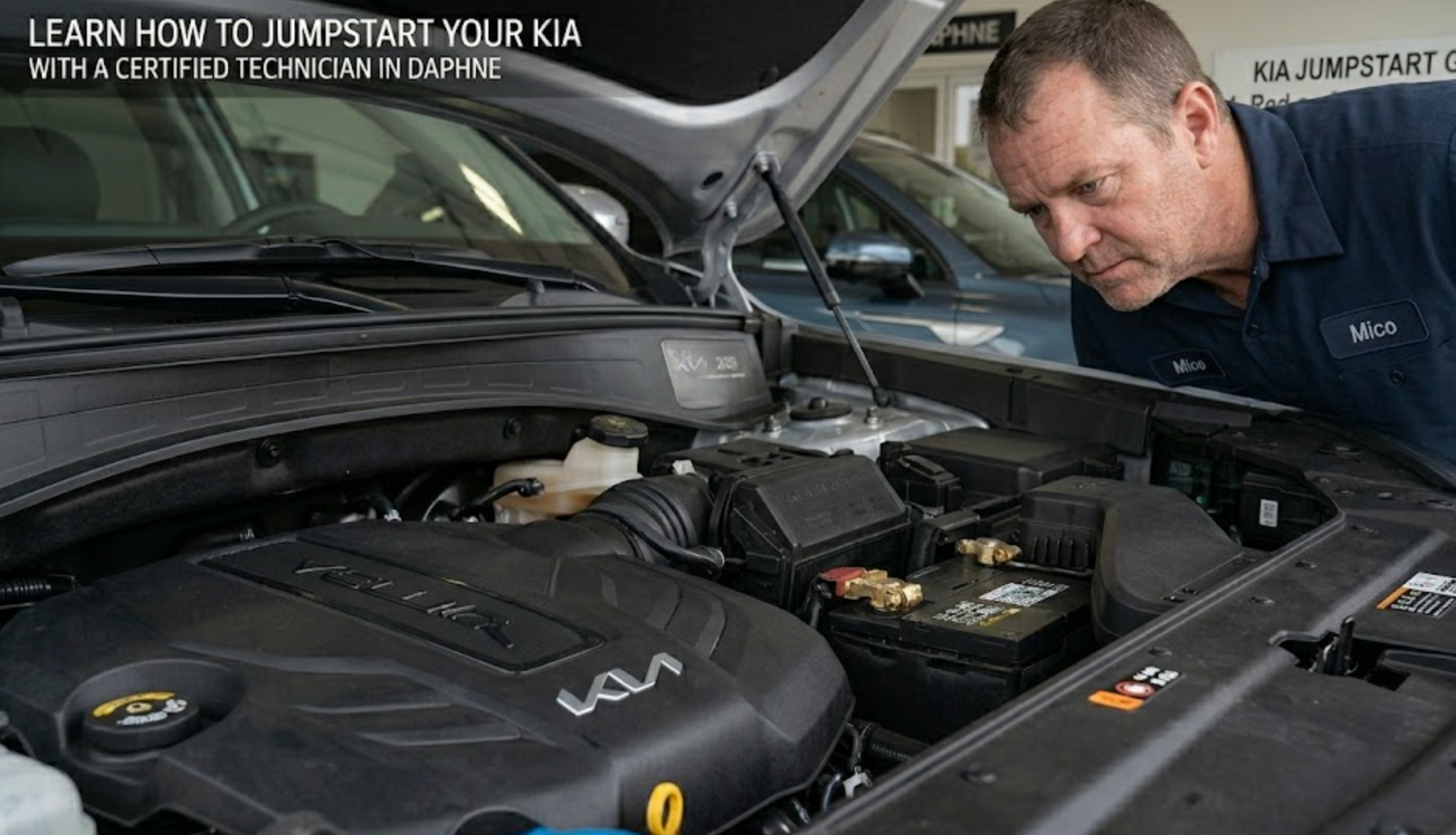 Kia battery jumpstart cables connected to positive and negative terminals