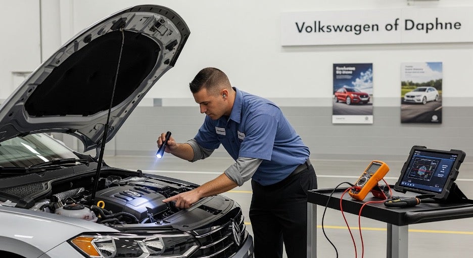 Volkswagen sedan with its hood open at Volkswagen of Daphne service center, while a certified technician inspects the engine to diagnose an unusual noise.