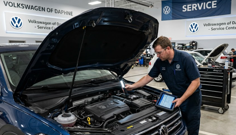 Volkswagen engine bay inspection at Volkswagen of Daphne service center