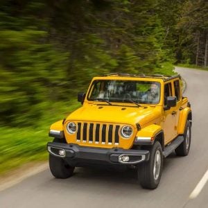 Yellow Jeep Wrangler driving on a road with green trees to the left side of the road. 