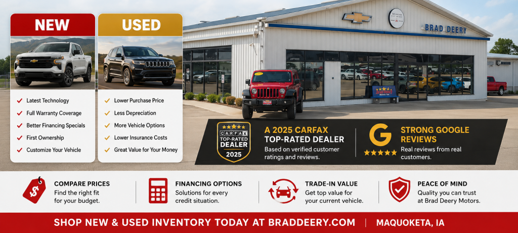 picture of the dealership. Should I buy a new or used vehicle