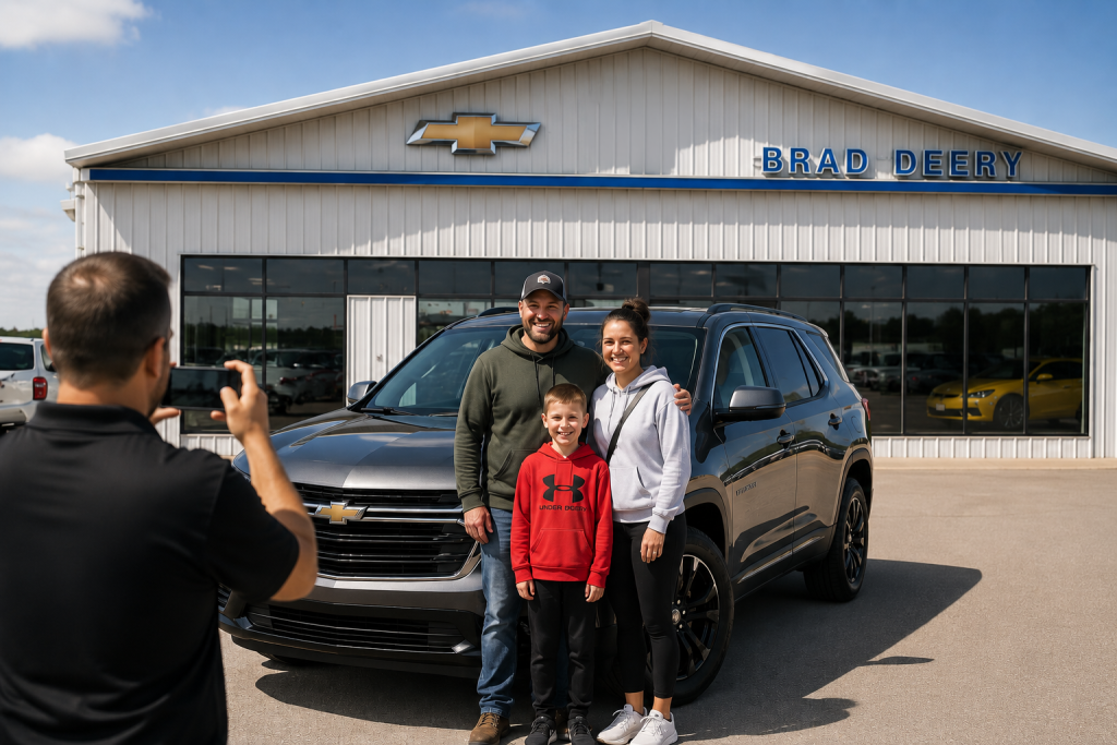 Happy family getting their picture taken with their new vehicle at Brad Deery Motors. 