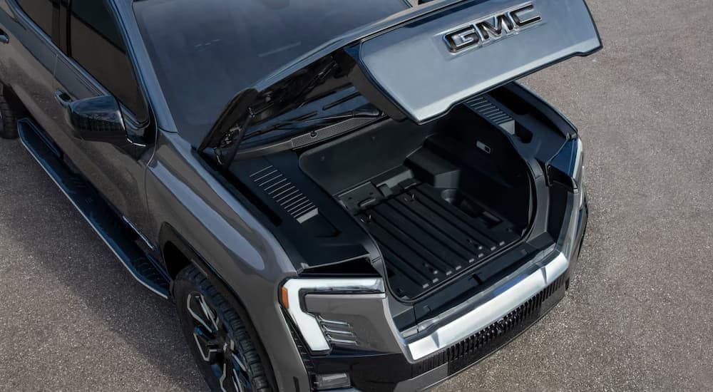 An open frunk in a 2025 GMC Sierra EV.