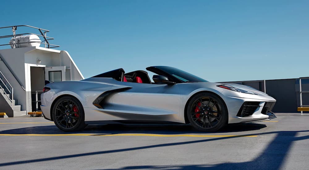 A grey 2024 Chevy Corvette Stingray 3LT parked on a boat.