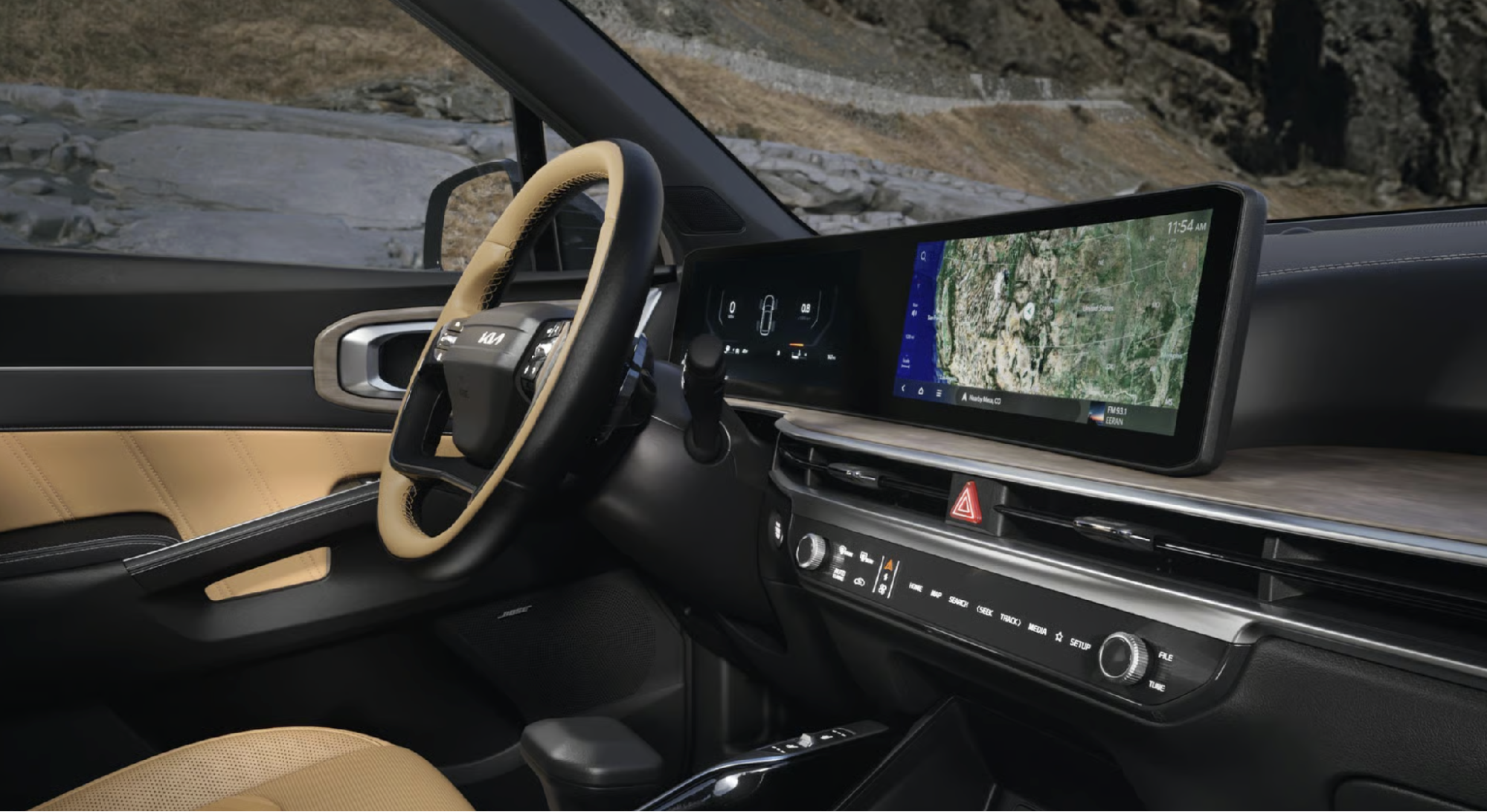 2026 Kia Sorento X-Pro SX Prestige AWD shown with 24-in. total combined panoramic display w/ navigation, dual function climate controls, and media controls