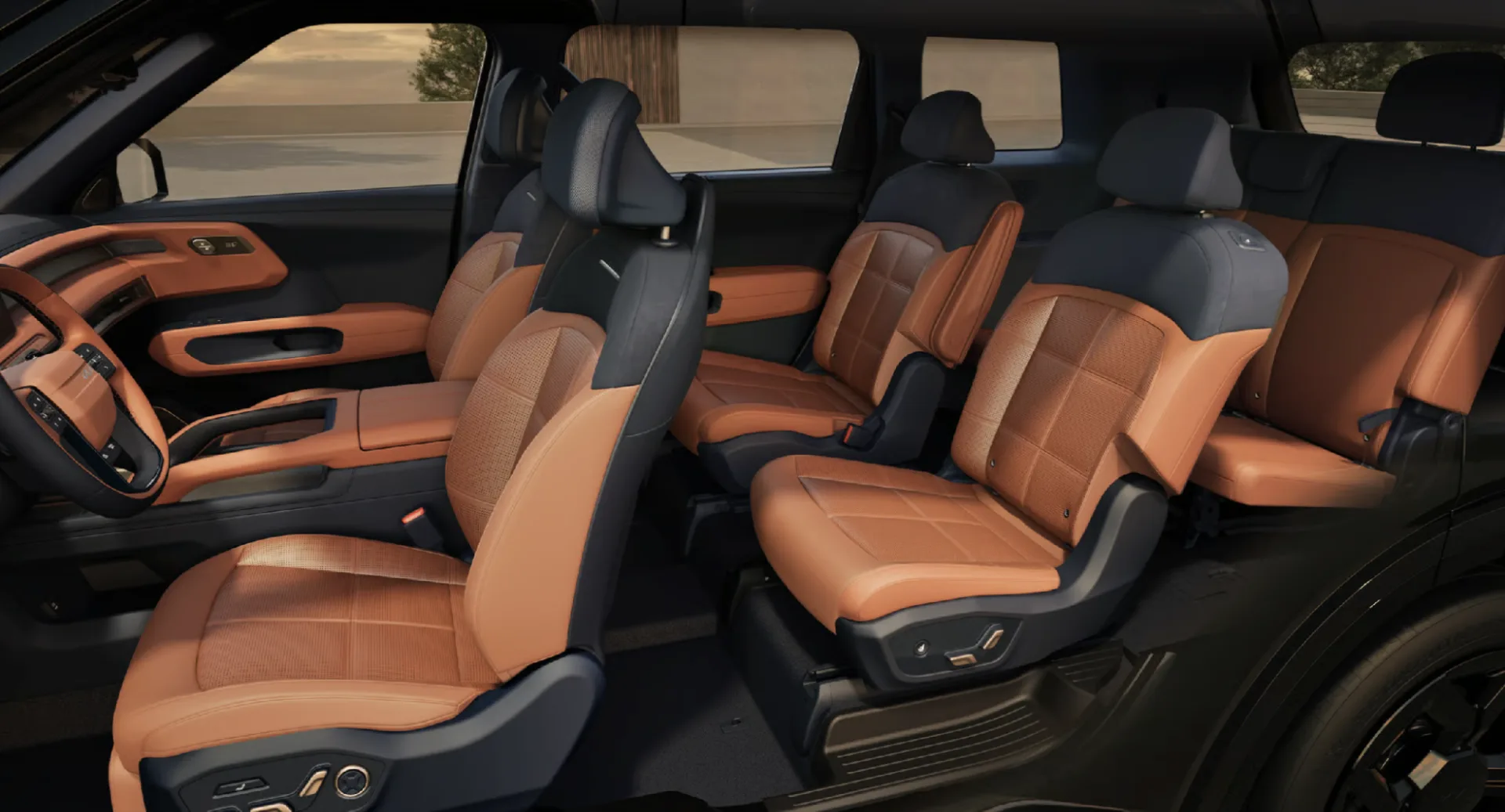 7 passenger seating configuration and 2nd-row captain’s chairs shown on the Kia Telluride SX Prestige pre-production model in Deep Navy and Tuscan Umber SynTex and SynTex suede seat trim