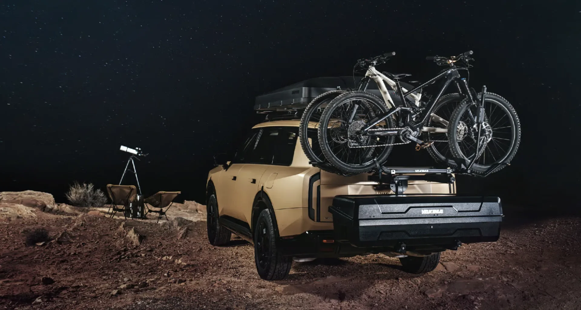 Accessory cross bars, IKamper Skycamp 3.0, and tow hitch bike attachment shown on the Kia Telluride X-Pro SX Prestige