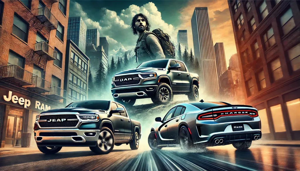 Jeep Grand Cherokee, RAM 1500, and Dodge Charger. The Jeep Grand Cherokee is depicted naviga