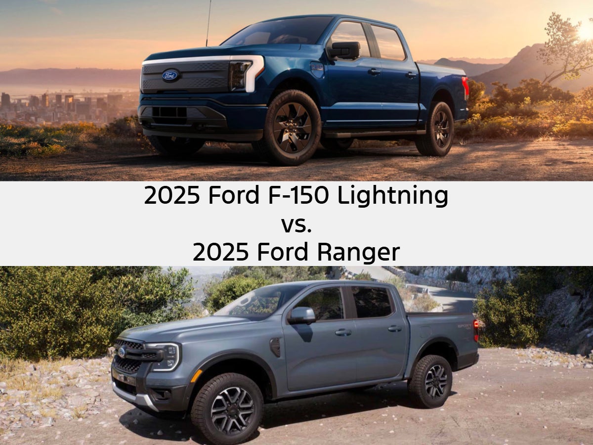 A graphic with a photo of the 2025 Ford F-150 Lighting and 2025 Ford Ranger and the text: 2025 Ford F-150 Lightning vs. 2025 Ford Ranger