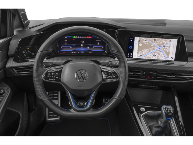 An image of the Golf R driver dash, showcasing the driver information screen and GPS system, both part and parcel of the Golf R safety suite