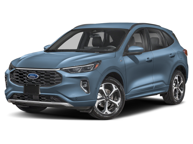 A stock image of a vapor blue metallic Ford Escape against a white background. 