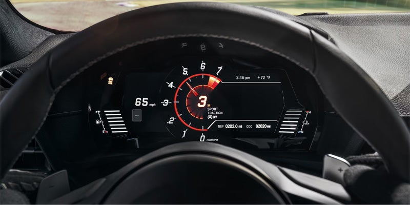 2025 Toyota GR Supra's digital dashboard showing speed, RPM, and other driving metrics.