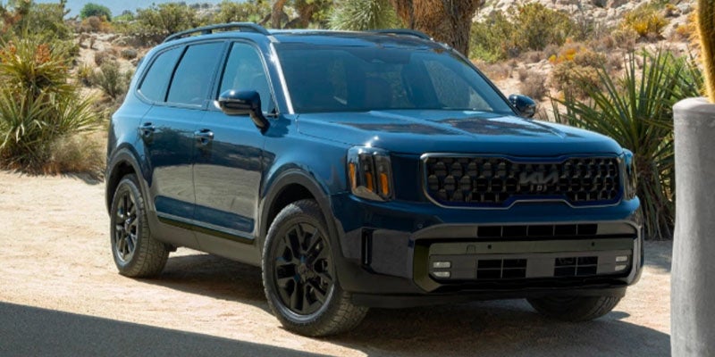 Deep blue Kia Telluride with black wheels parked in a bright, sandy desert environment.