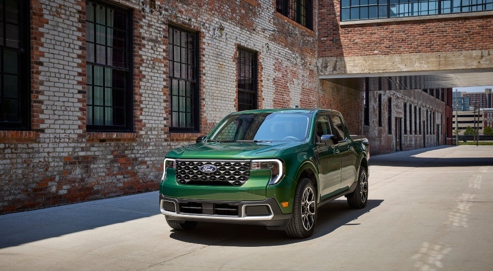 A green 2025 Ford Maverick from the front at an angle.