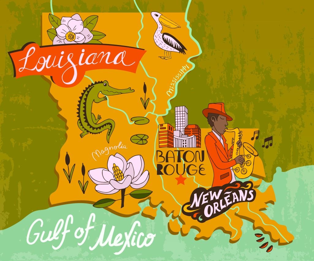 An artists cartoon rendition of Louisiana and it's major cities of Baton Rouge and New Orleans. - Genesis of Baton Rouge, LA 