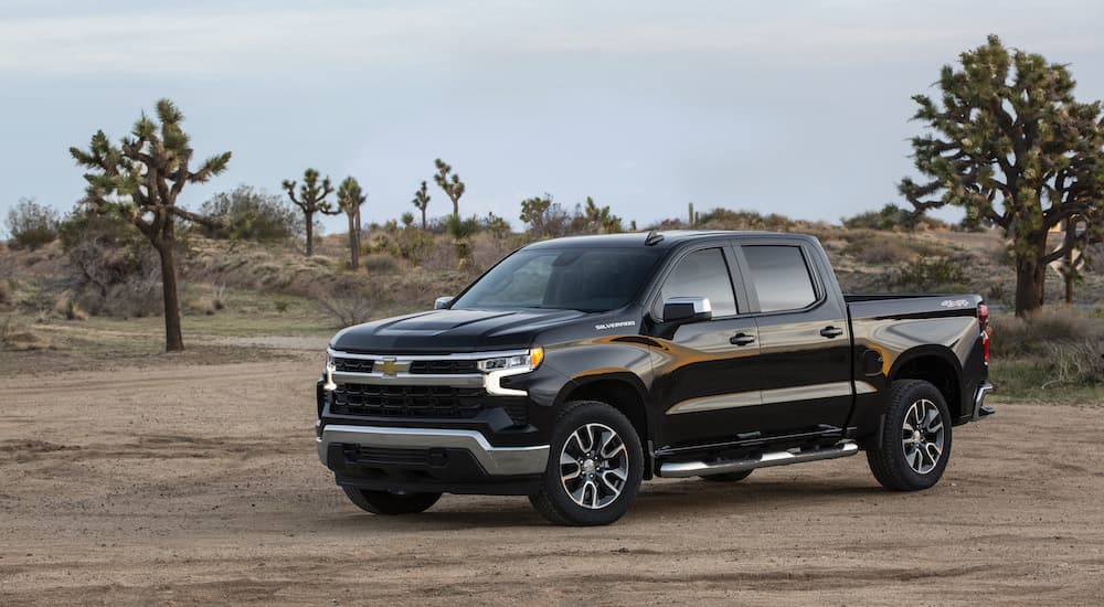 A black 2020 Chevy Silverado 1500 LT is shown from the front at an angle after leaving a used car dealer near Bargersville.