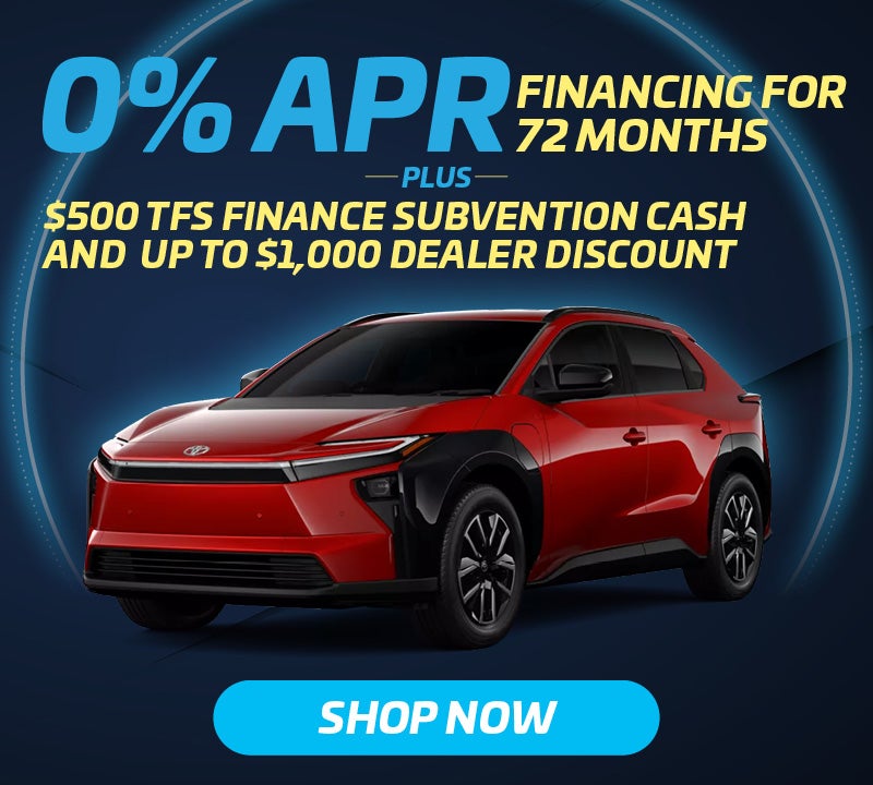 New 2026 Toyota bZ 0% Financing For 72 Months Plus $500 TFS Finance Subvention Cash and Up to $1,000 Dealer Discount