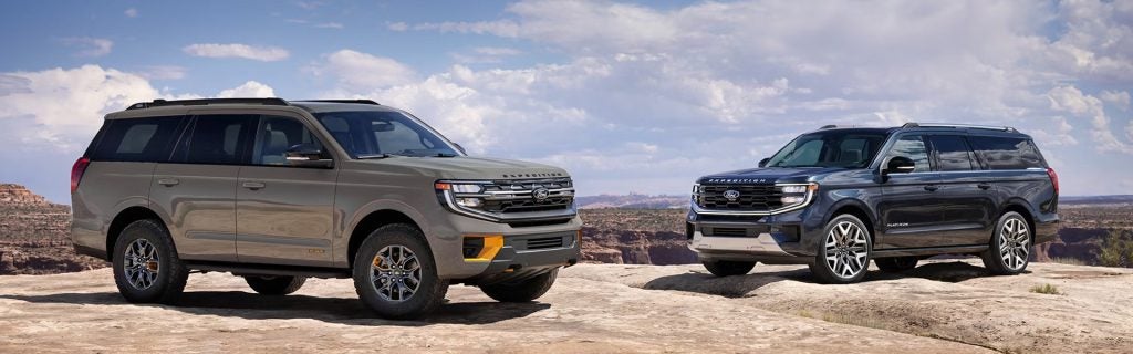 Two Ford Expeditions parked on a desert cliff.