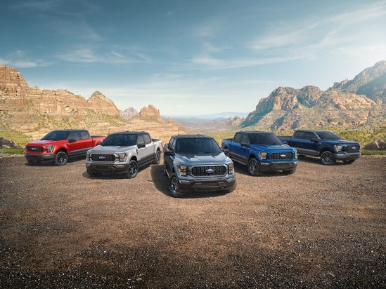a lineup of various colored ford trucks parked in a semi-circle in a mountain area 