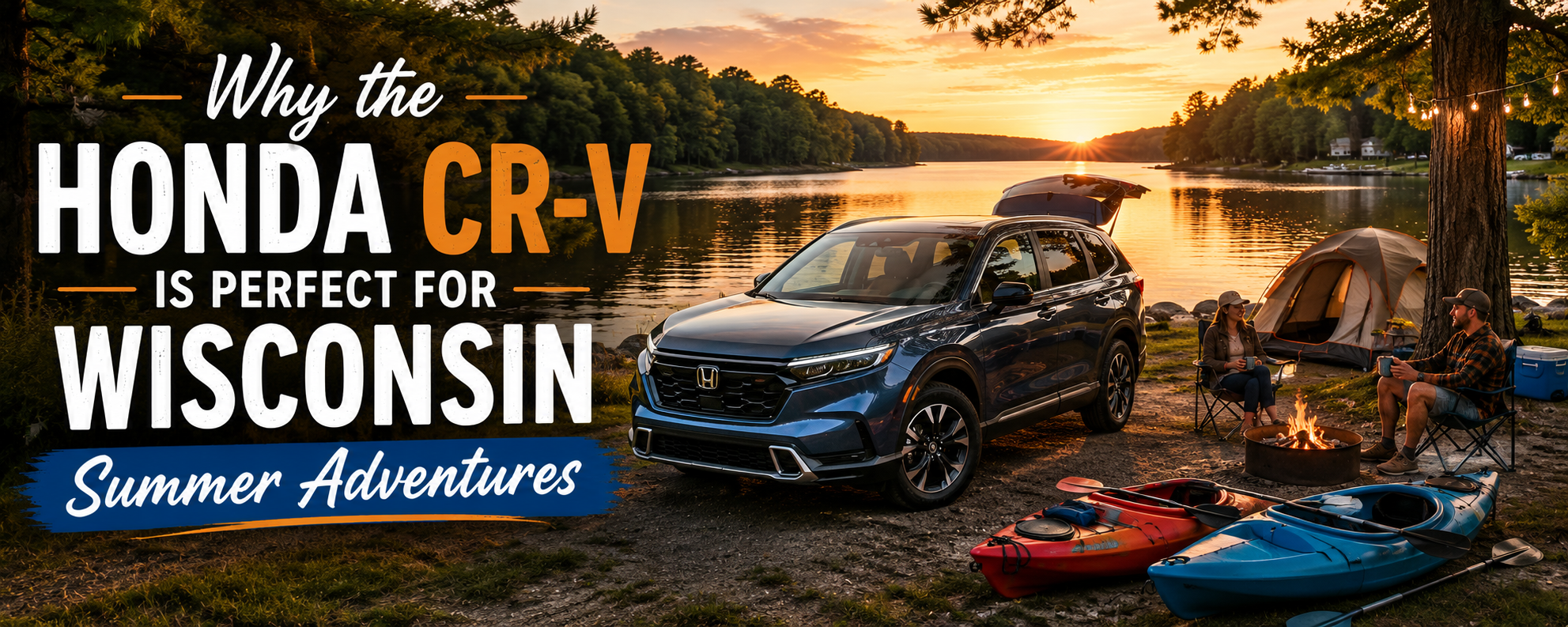 Honda CR-V parked near a lakeside campsite with outdoor gear on a summer evening.