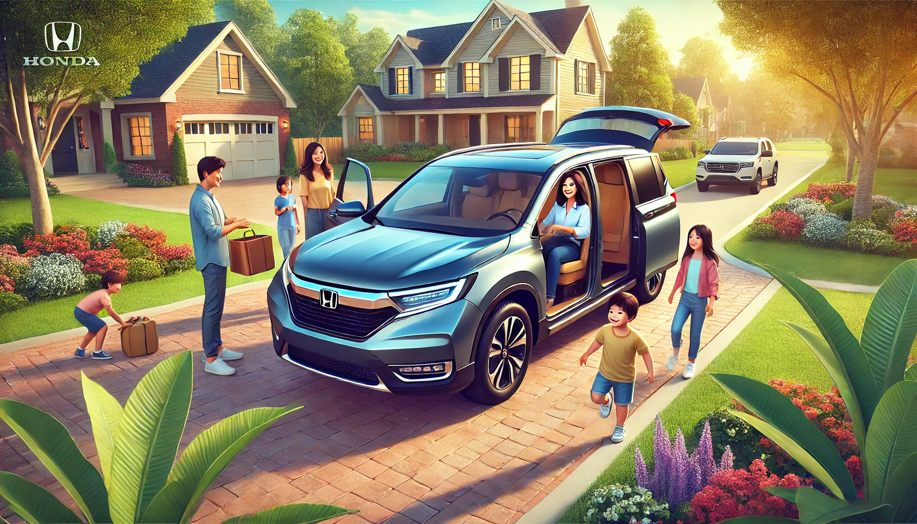 DALL·E 2024-12-04 09.41.06 - A stylish and adventurous mom driving a modern Honda SUV with third-row seating, set in a vibrant suburban neighborhood. The car is surrounded by happ